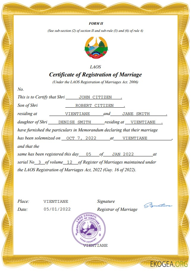 Modèle Word et PDF d'acte de mariage au Laos